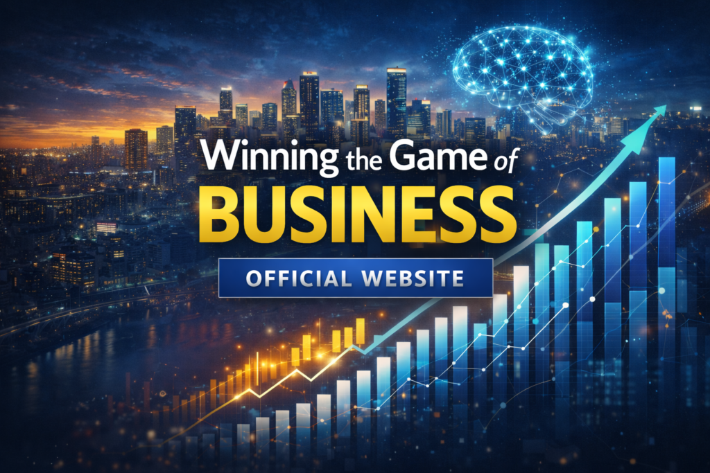 Wide banner visual representing the Winning the Game of Business program with modern business design elements and digital training themes