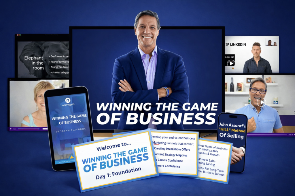 Winning the Game of Business program overview showing training platform, expert coaching, and digital learning materials by NeuroGym