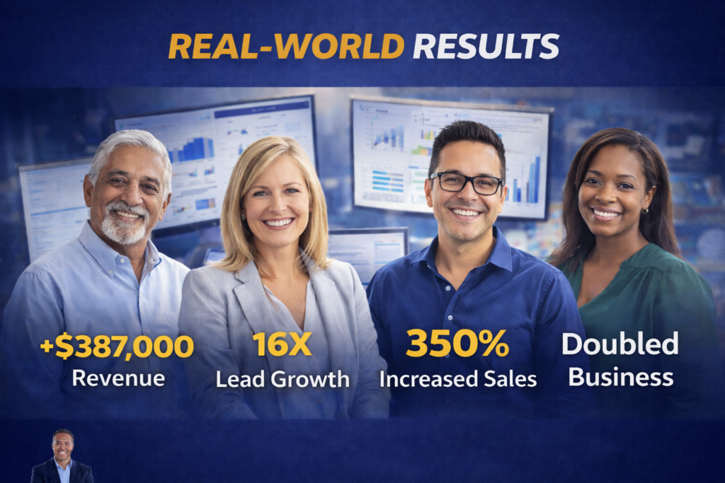 Real-world business training results visual showing a professional coach with digital learning content and success-focused presentation elements