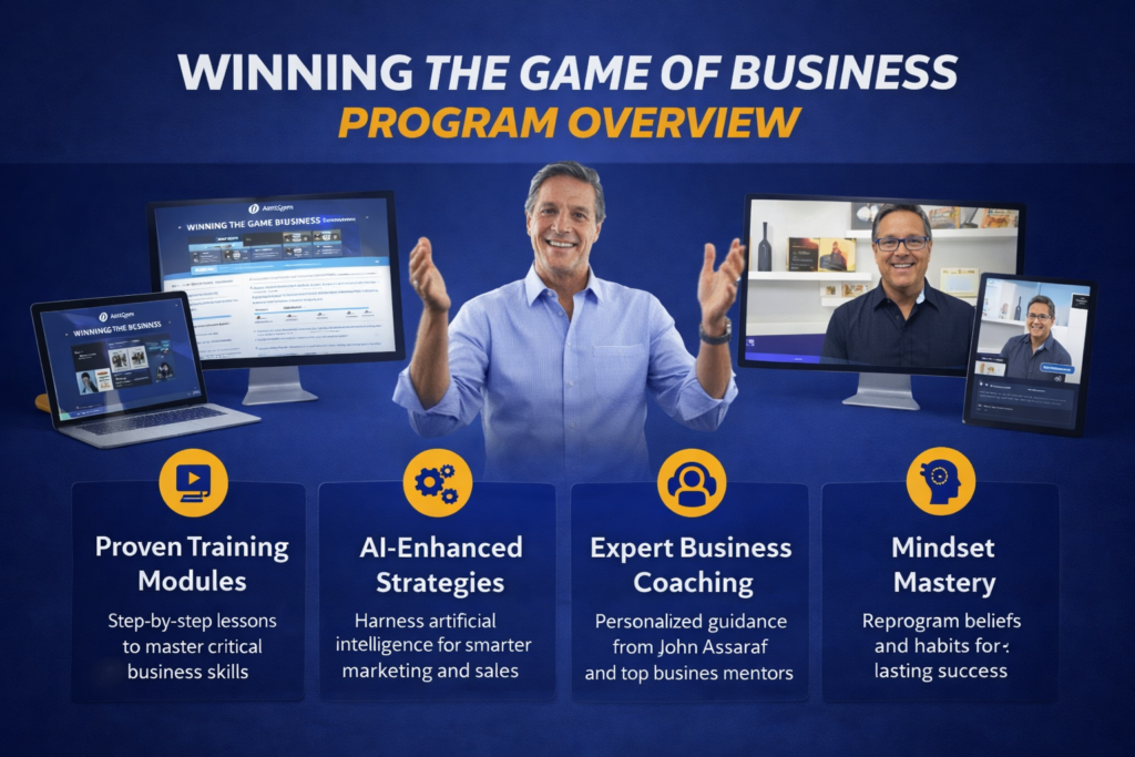 Winning the Game of Business training platform showing digital lessons, expert coaching sessions, and structured business learning materials